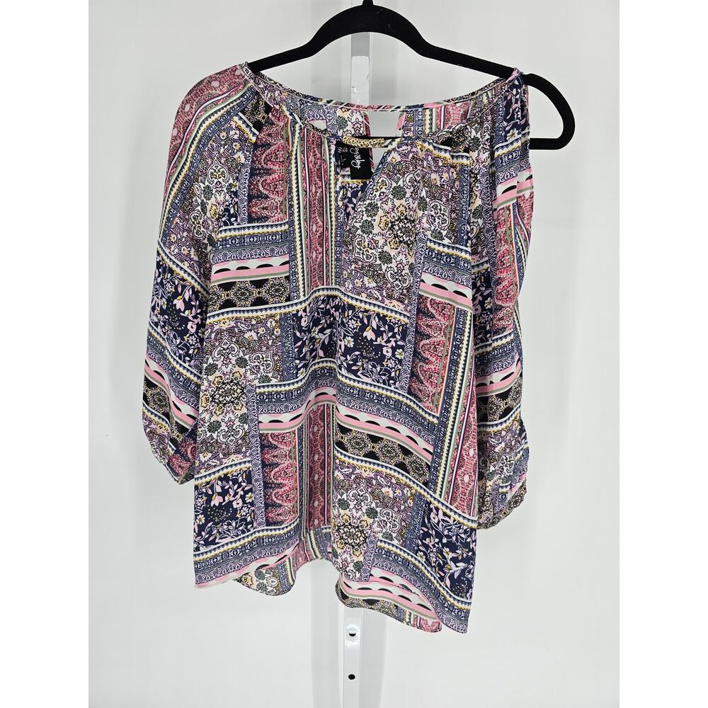 By & By Women's Long Sleeve Printed Multicolor Scoop Neck Casual Top Size L